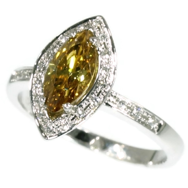 White gold estate engagement ring with fancy color deep yellow orange diamond